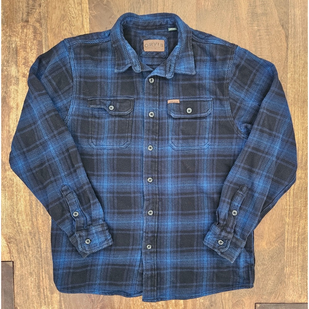 Orvis Shirt Mens M Blue Plaid Button Up Flannel 100% Cotton Heavy Duty Outdoors